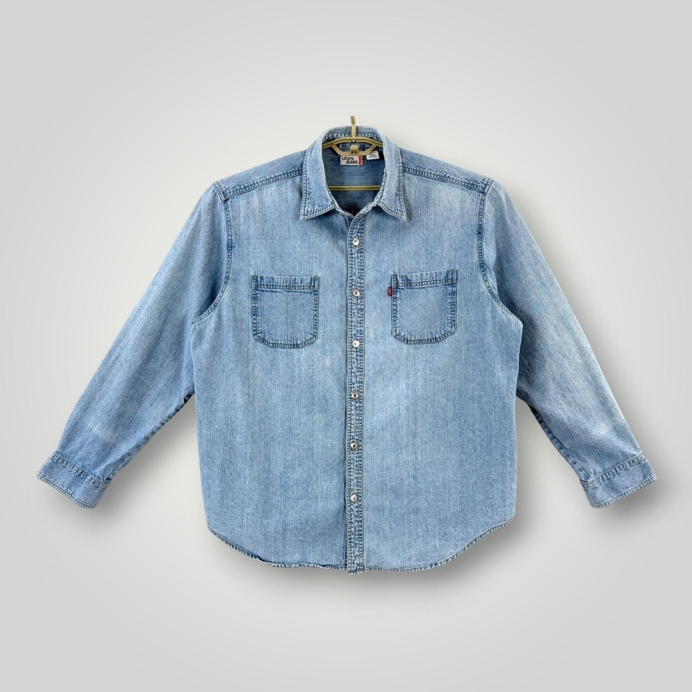 Levis‎ Denim Shirt Mens XL Blue Western Metal Button Cotton Workwear